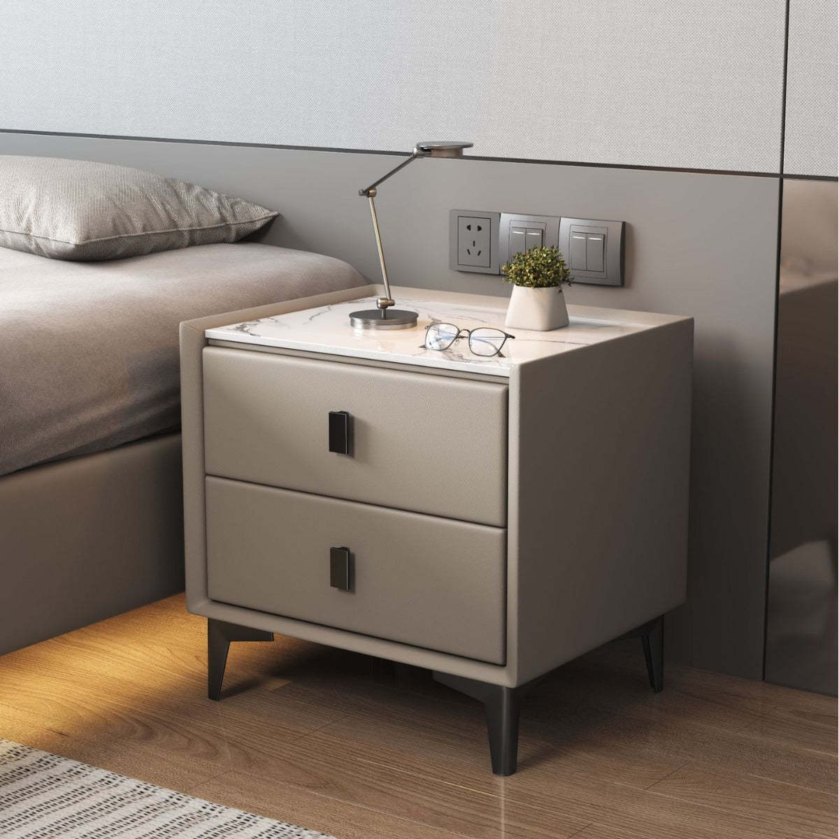 Modern Cubic Sintered Stone Solid Wood Nightstand — Light Gray