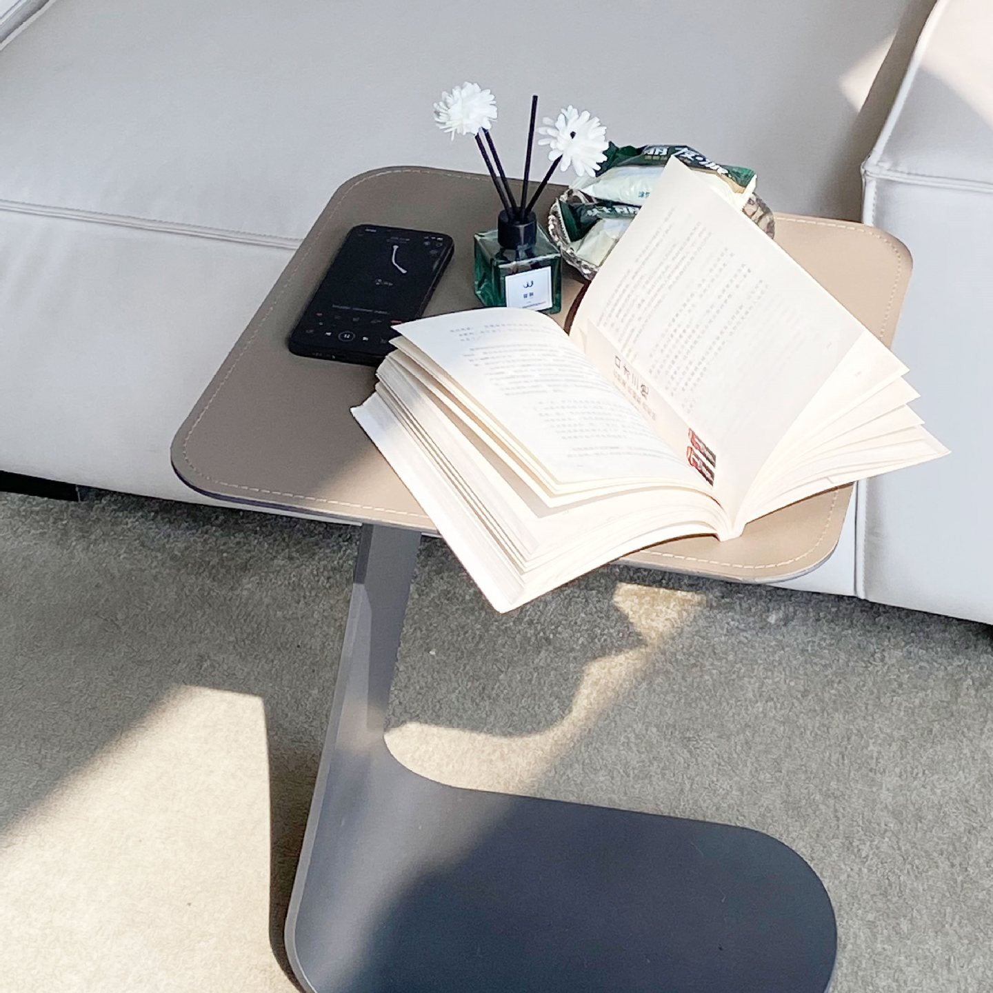 Contemporary C-Shape Saddle Leather Steel End Table