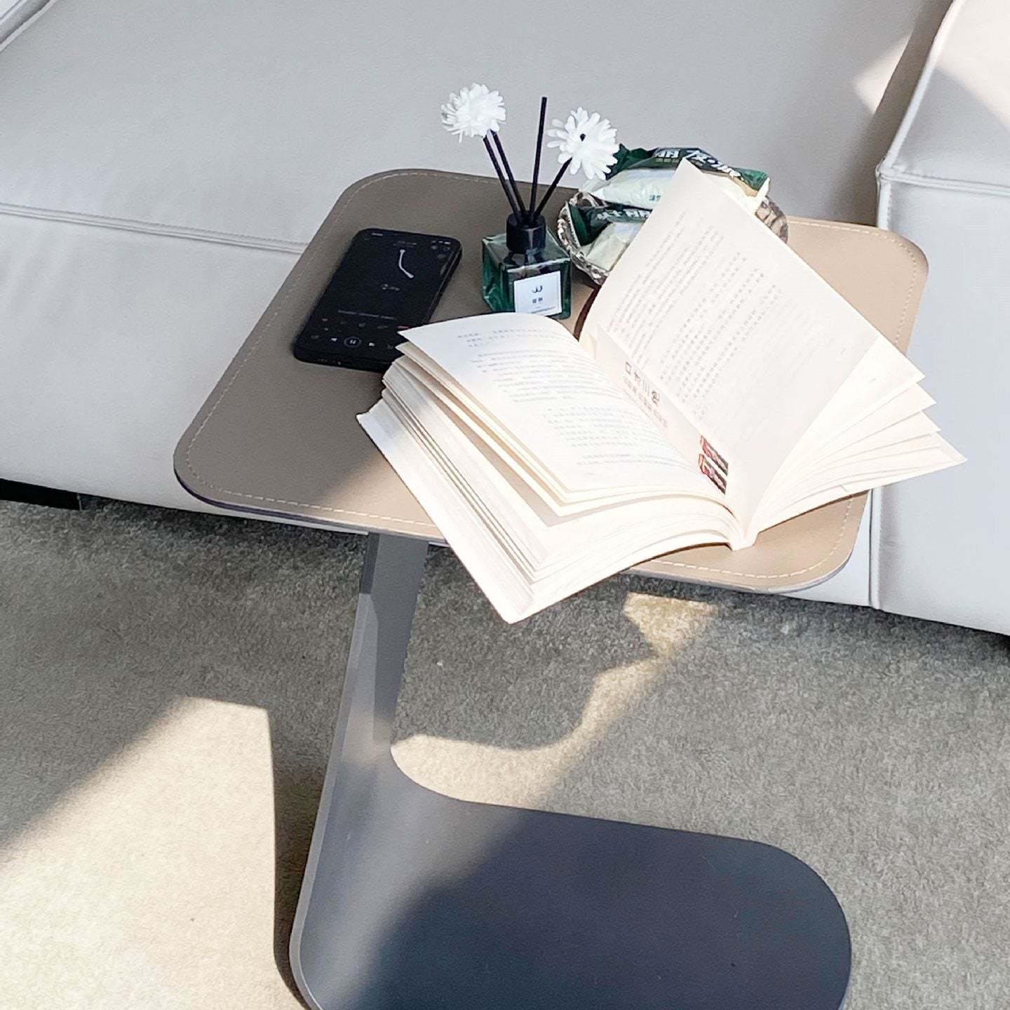 Contemporary C-Shape Saddle Leather Steel End Table