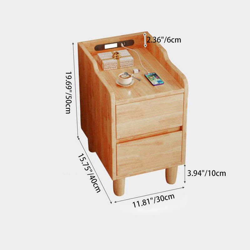 Minimalist Rubber Wood Nightstand 2-Drawer USB Sensor Light — White