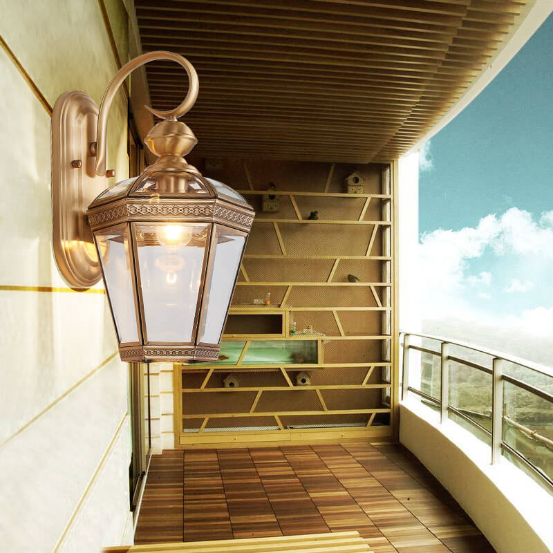 European Hexagonal Lantern Copper Glass Outdoor Wall Sconce