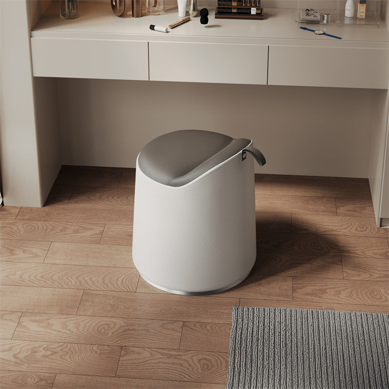 Modern Leather Wood Cylinder Vanity Stool — No Swivel / Khaki