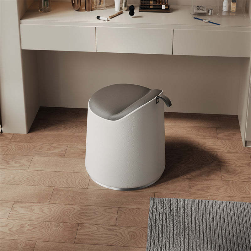Modern Leather Wood Cylinder Vanity Stool — No Swivel / Khaki