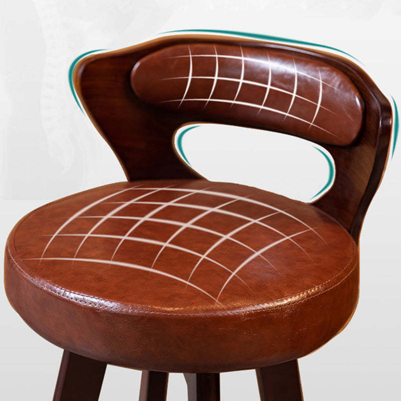 Modern PU Leather Wood Low-Back Bar Stool — Wine Red PU Leather Cushion + Log Color Frame