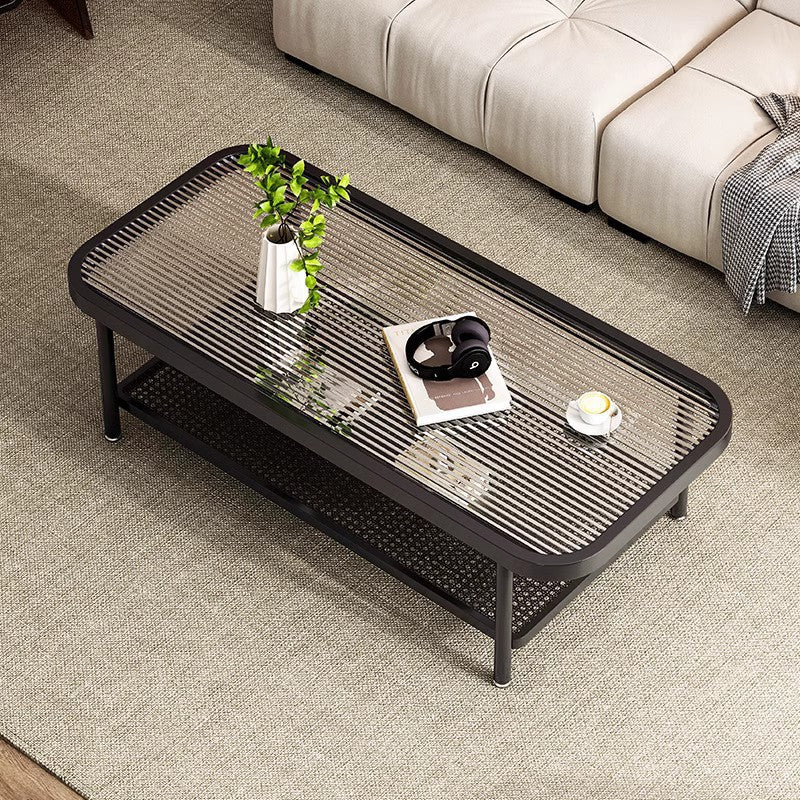 Minimalist Rectangular Glass Steel 2-Tier Coffee Table — White