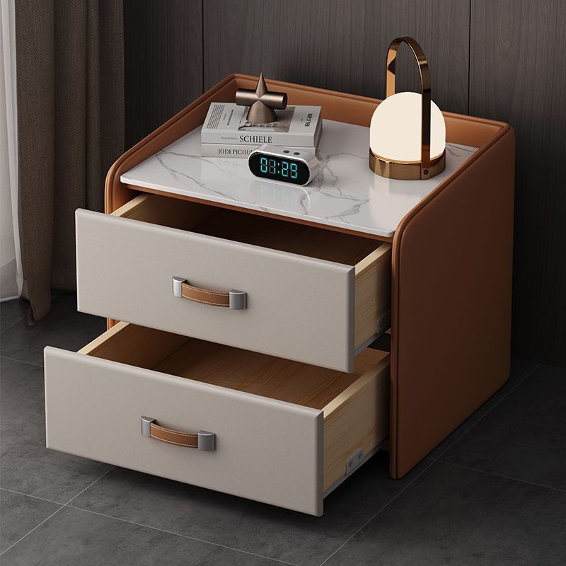 Minimalist Wood Leather Rock Slab 2-Drawer Nightstand