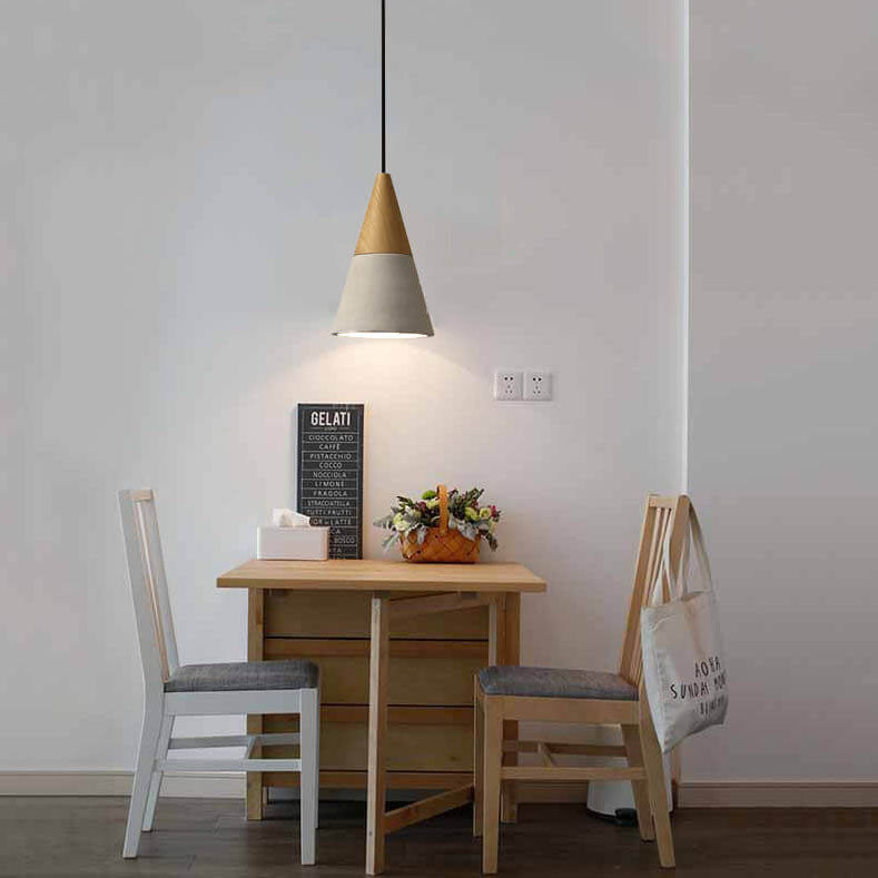 Industrial Cone Triangle Cement Rubber Wood Pendant Light