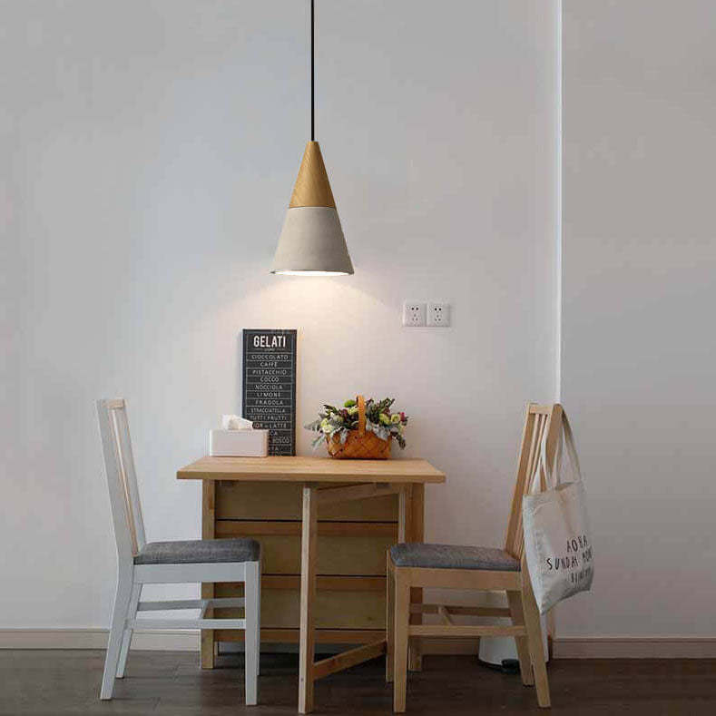 Industrial Cone Triangle Cement Rubber Wood Pendant Light