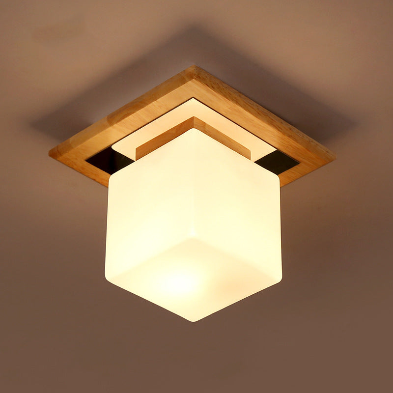 Nordic Minimalist Square Wood Glass Flush Mount Light