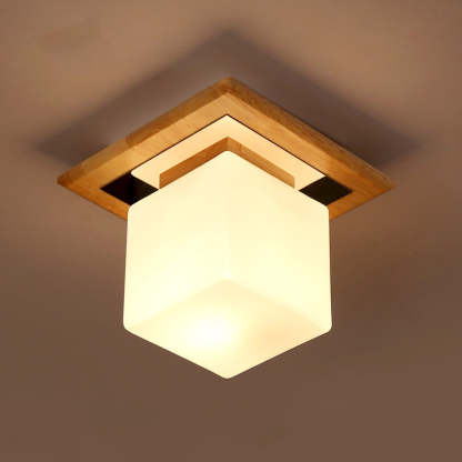 Nordic Minimalist Square Wood Glass Flush Mount Light