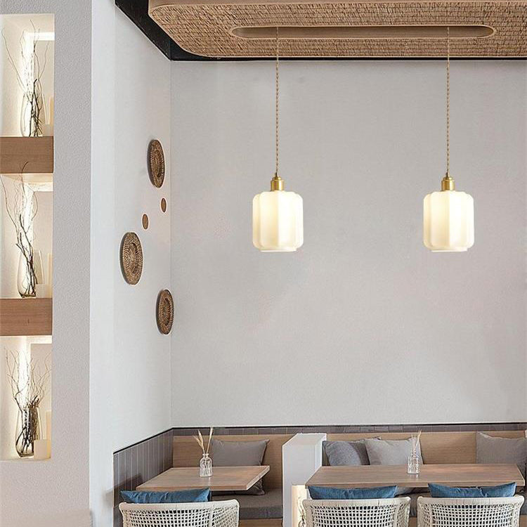 Vintage Cylindrical Brass Glass Pendant Light