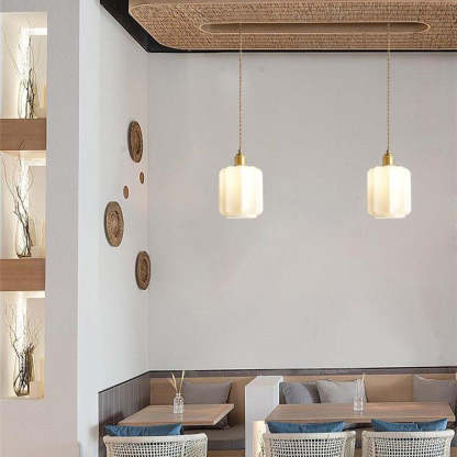 Vintage Cylindrical Brass Glass Pendant Light