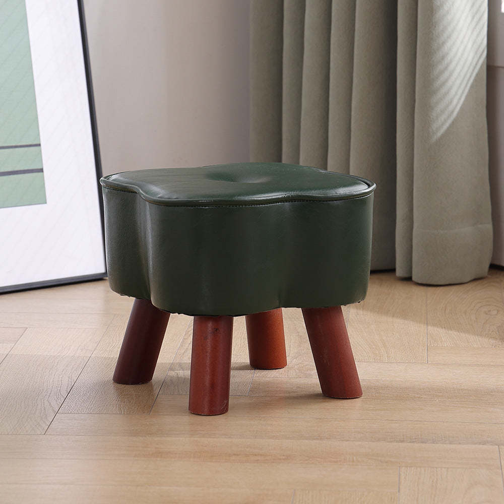 Modern Art Deco Clover Leather Wood Footstool