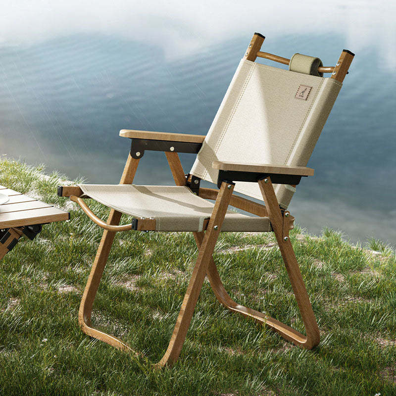 Scandinavian Alloy Wood Oxford Foldable Patio Dining Chair — Wood Color Chair Frame - Black Fabric