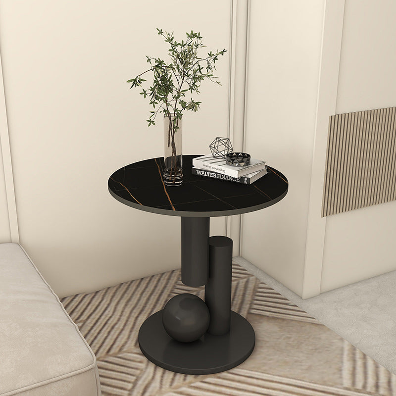 Modern Luxury Cylindrical Orb Rock Slab Iron Coffee Table — Snow White Tabletop + Gold Frame