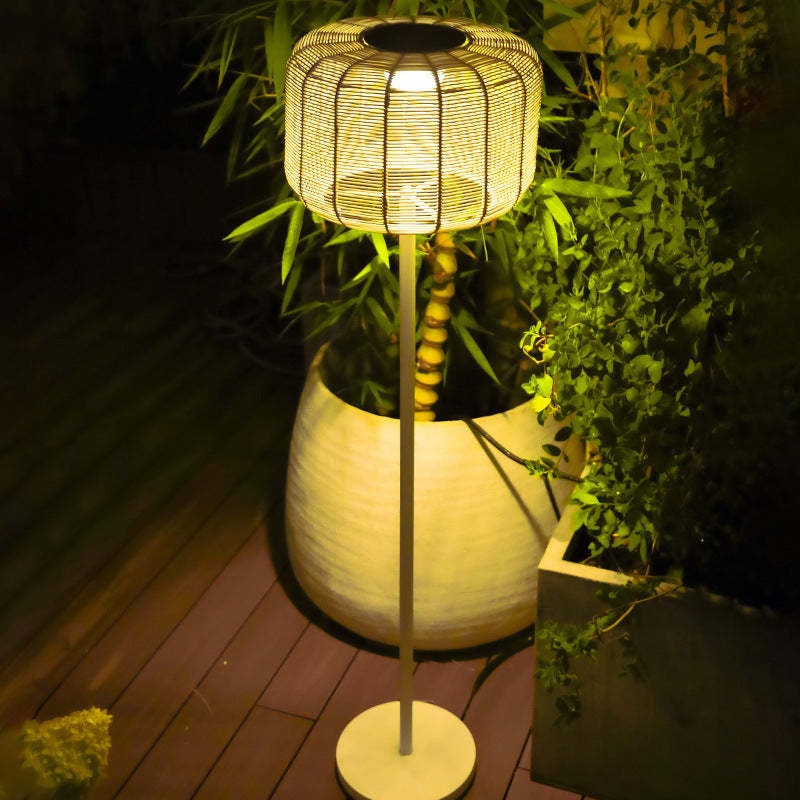 Retro Solar Woven Rattan Metal Cylinder LED Landscape Light