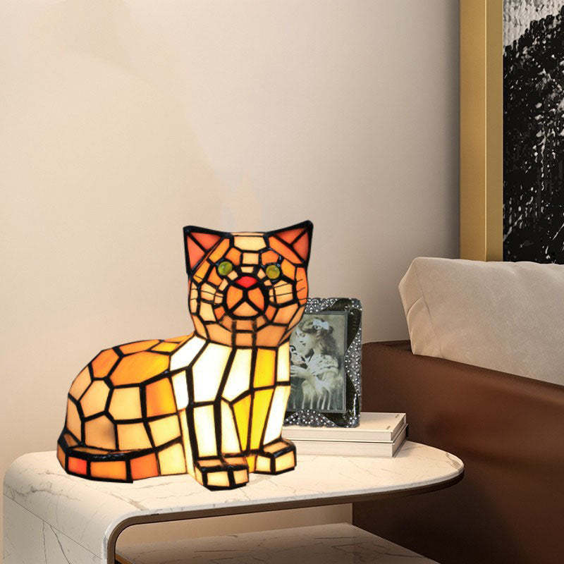 Traditional Tiffany Stained Glass Cat Table Lamp