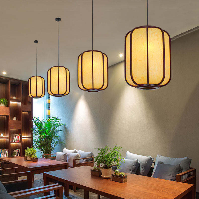 Modern Chinese Faux Sheepskin Wooden Lantern Pendant — Yellow / 220V-240V For UK/AU