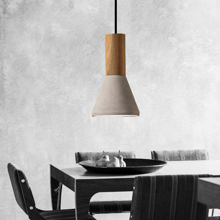 Industrial Cone Triangle Cement Rubber Wood Pendant Light