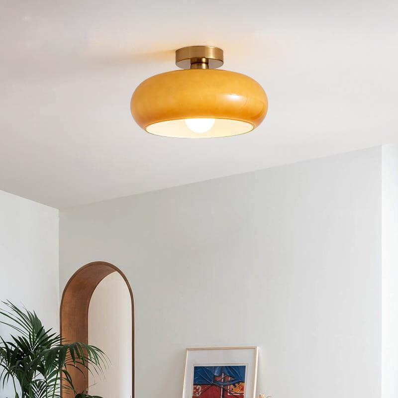 Retro Round Glass Copper Pendant Flush Light