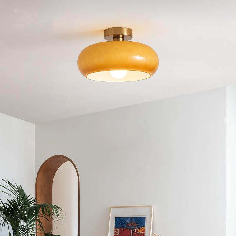 Retro Round Glass Copper Pendant Flush Light
