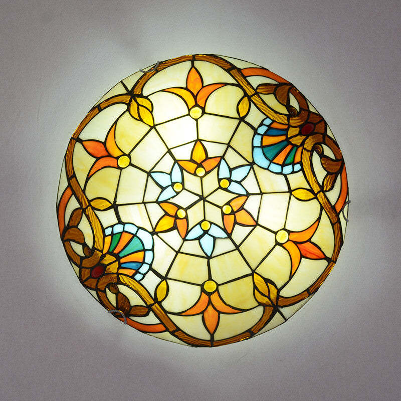 European Tiffany Baroque Round Stained Glass Flush Light