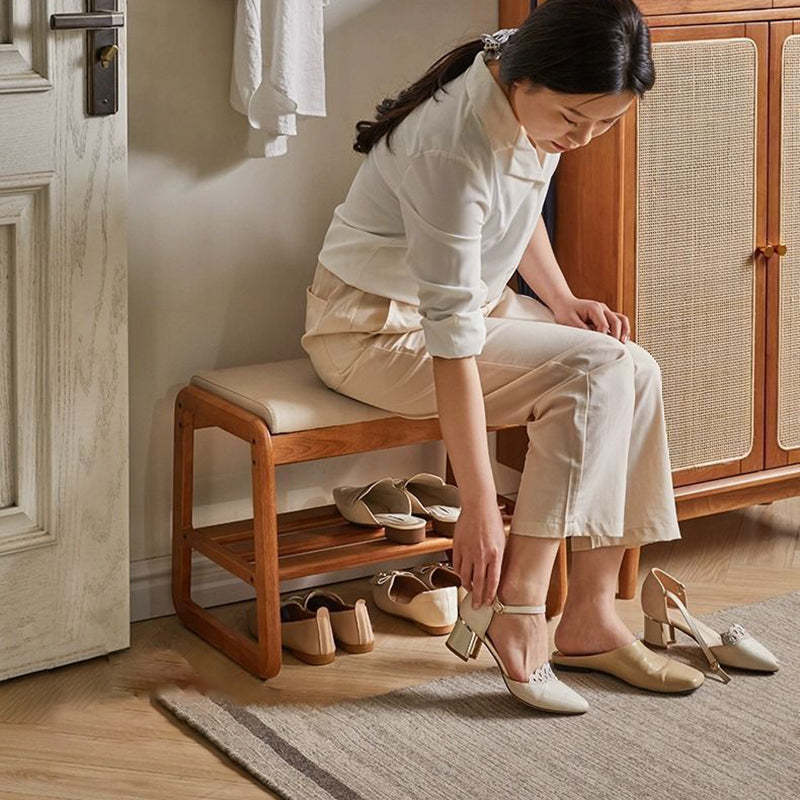 Minimalist Wood Leather Shoe Storage Bench