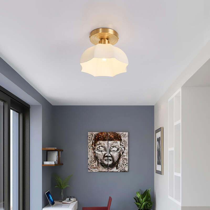 Japanese Vintage Brass Glass Dome Semi-Flush Ceiling Light