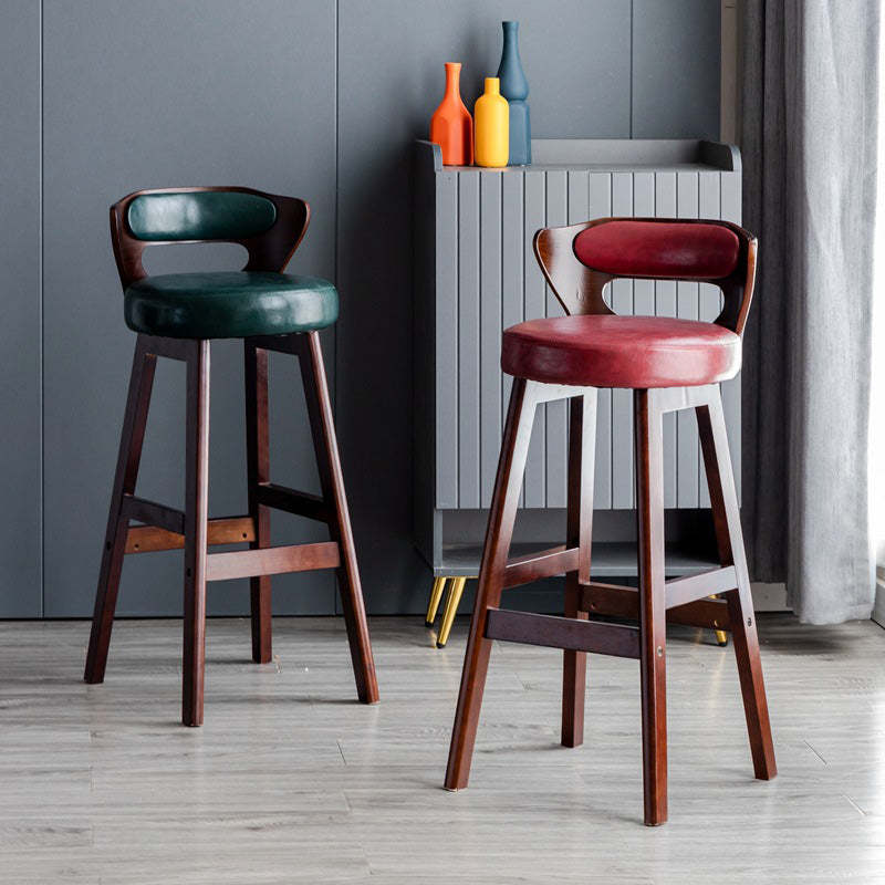 Modern PU Leather Wood Low-Back Bar Stool — Brown PU Leather Cushion + Brown Frame