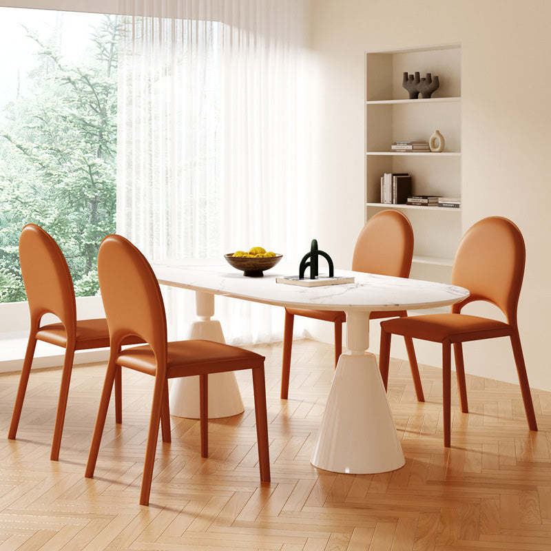 Nordic Oval Leather Steel Dining Chair — Beige