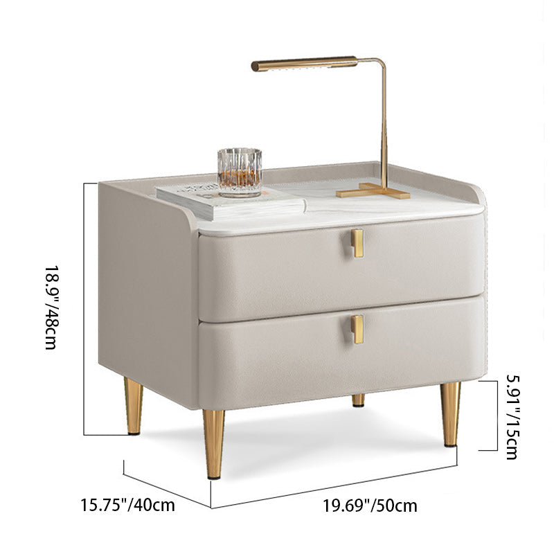Modern Leather Pine Wood Carbon Steel Nightstand 2-Drawer