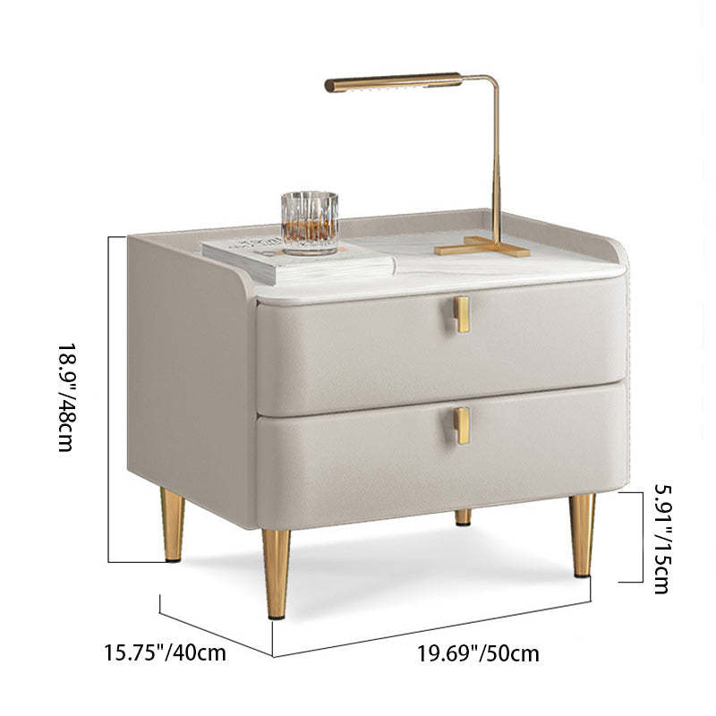 Modern Leather Pine Wood Carbon Steel Nightstand 2-Drawer