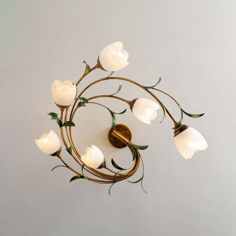 French Floral Iron Glass 6-Light Flush Mount