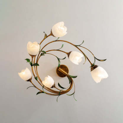 French Floral Iron Glass 6-Light Flush Mount