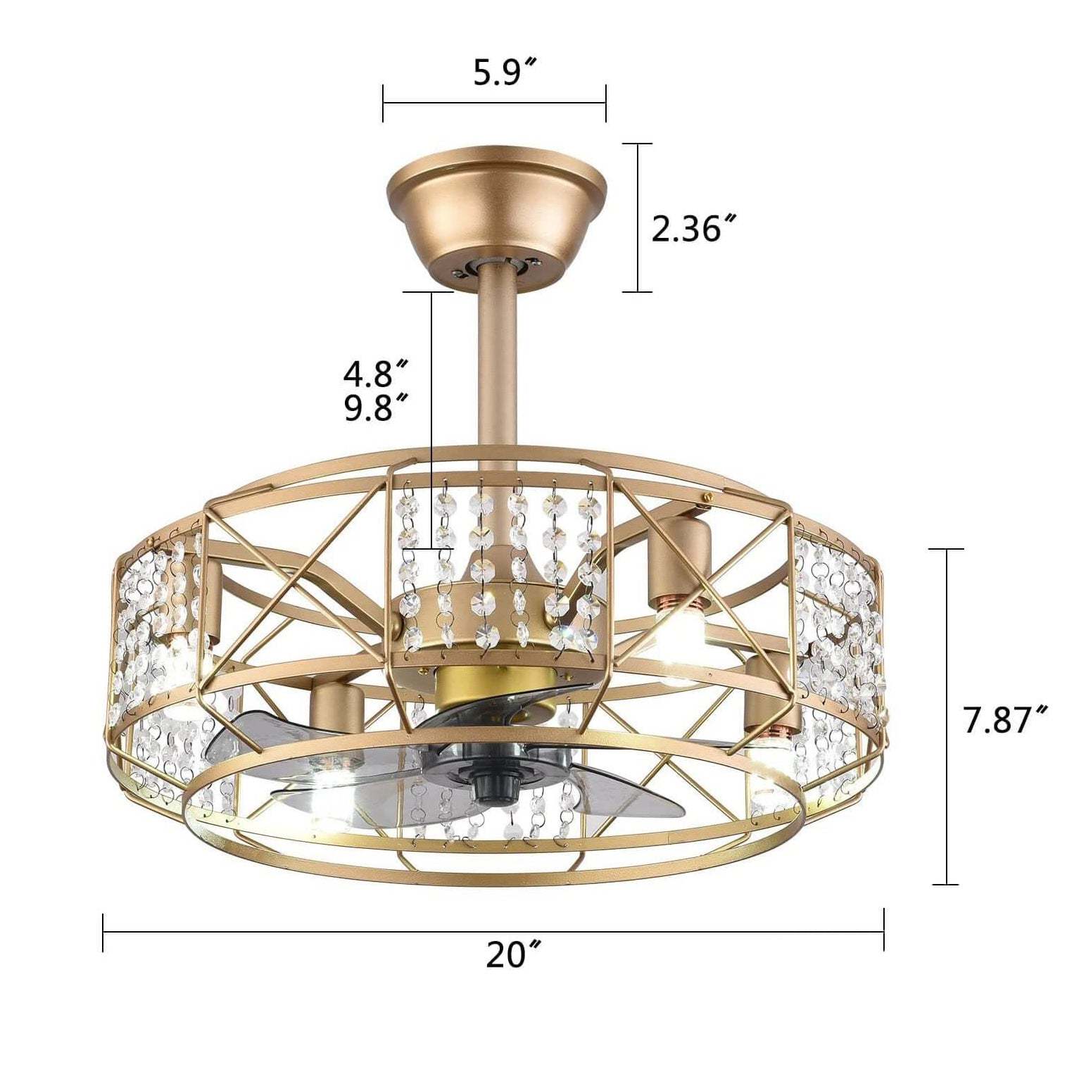 Modern Gold Drum Crystal 4-Light Ceiling Fan Light