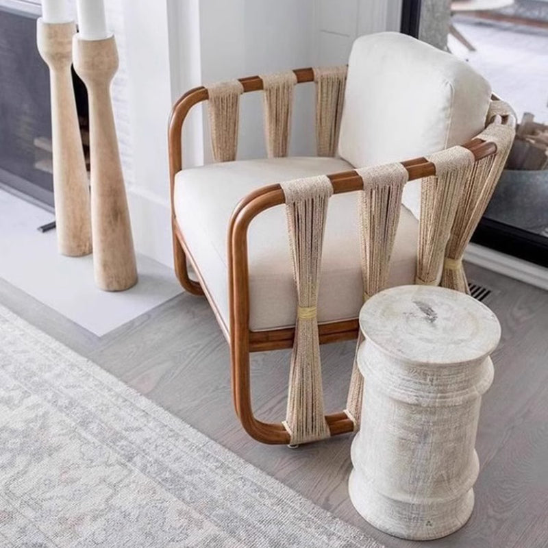 Scandinavian Wood Rattan Fabric Armchair