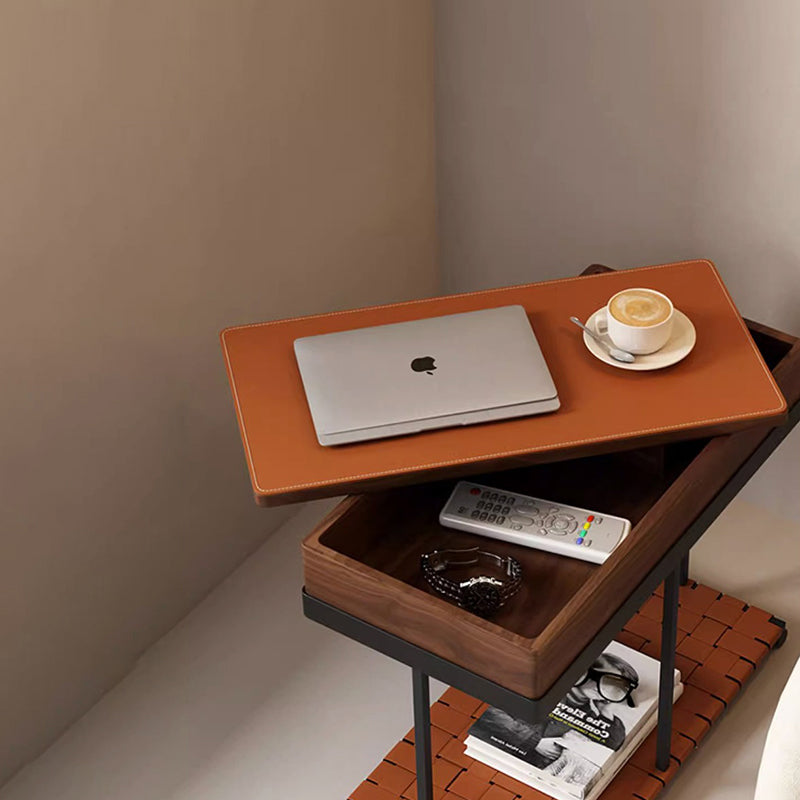 Minimalist Iron Leather Wood Rectangular End Table 1-Storage