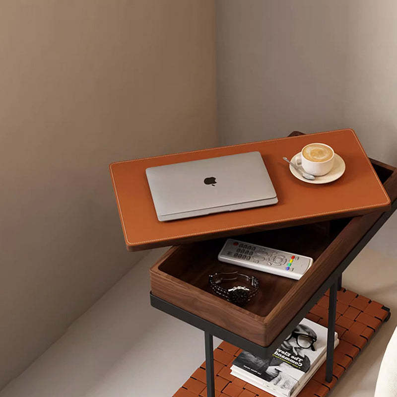 Minimalist Iron Leather Wood Rectangular End Table 1-Storage