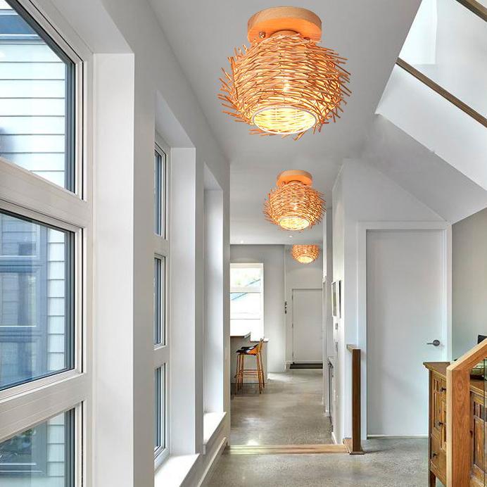 Minimalist Bamboo Weaving Flush Mount Light