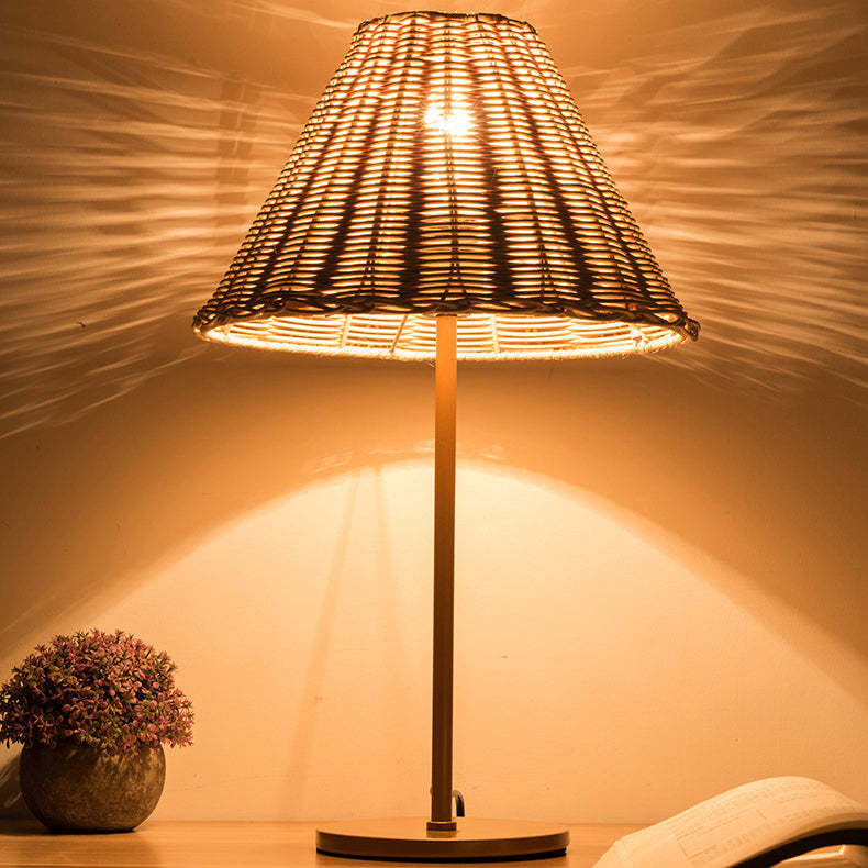 Boho Round Trapezoidal Rattan Metal Table Lamp