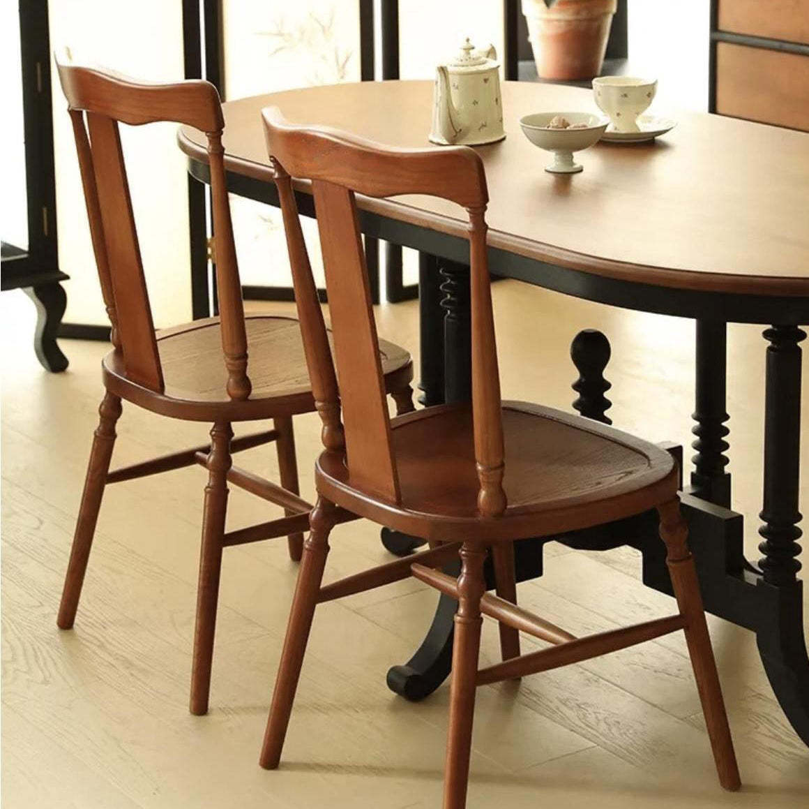 Vintage Cushion Solid Wood Rattan Dining Chair — Ash Wood - Walnut Color+ Rattan Seat