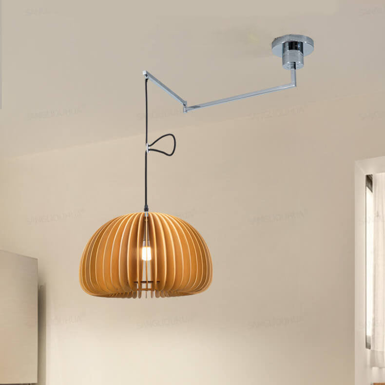Japanese Minimalist Wooden Pumpkin Swing Arm Pendant Light