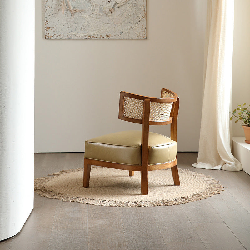 Nordic Curved Wood Rattan Leather Accent Chair