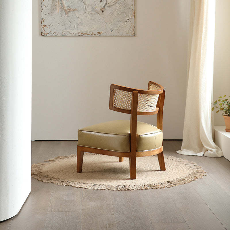 Nordic Curved Wood Rattan Leather Accent Chair