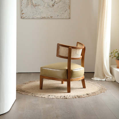Nordic Curved Wood Rattan Leather Accent Chair
