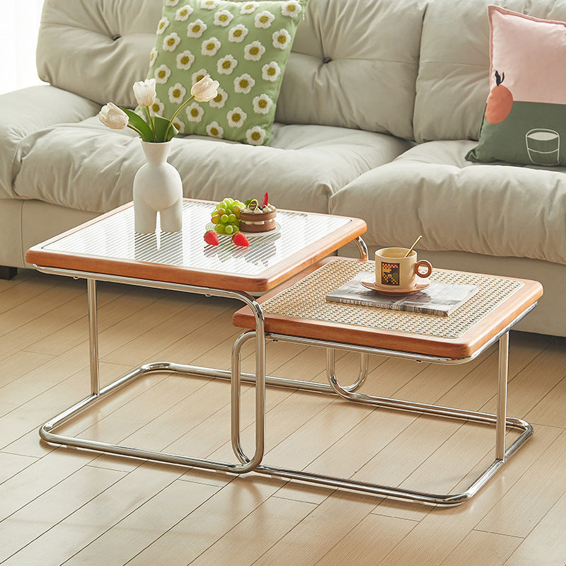 Nordic Square Glass Rattan Nesting Coffee Table