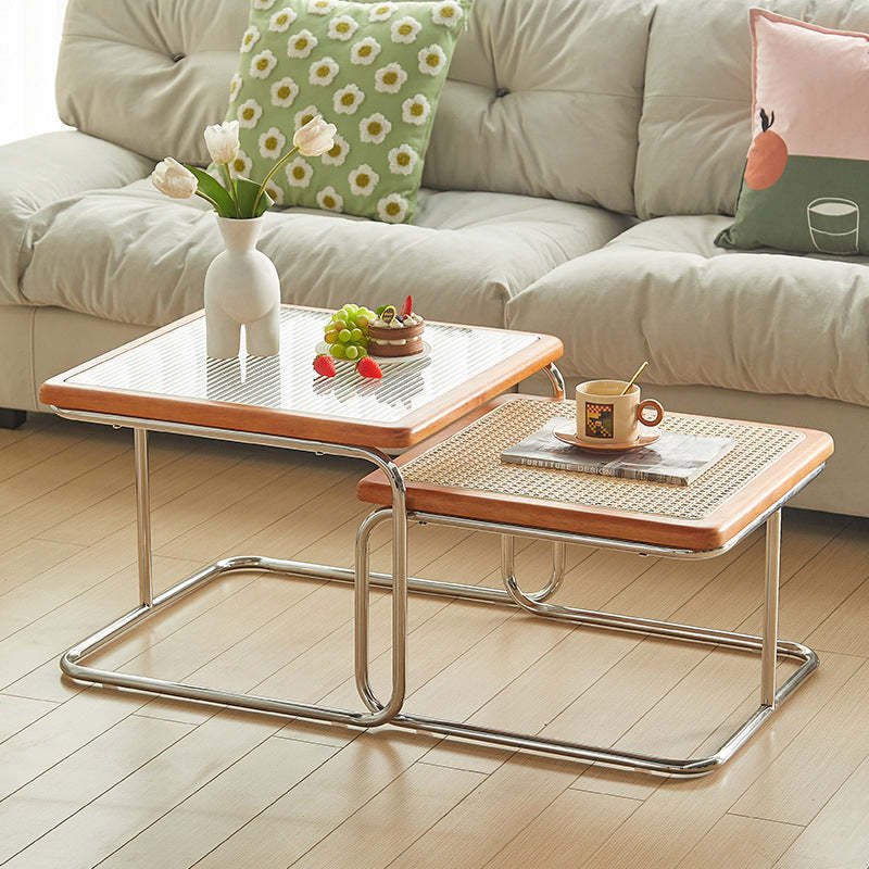 Nordic Square Glass Rattan Nesting Coffee Table