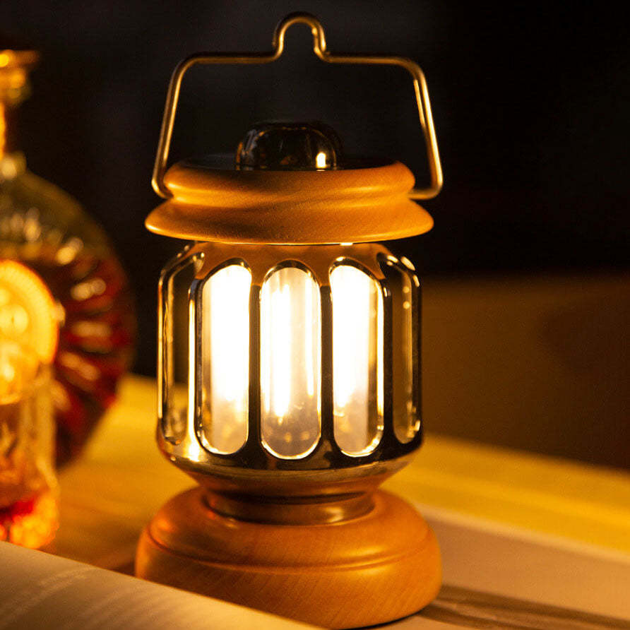 Vintage Teapot Wood Base LED Rechargeable Camping Light — Brown