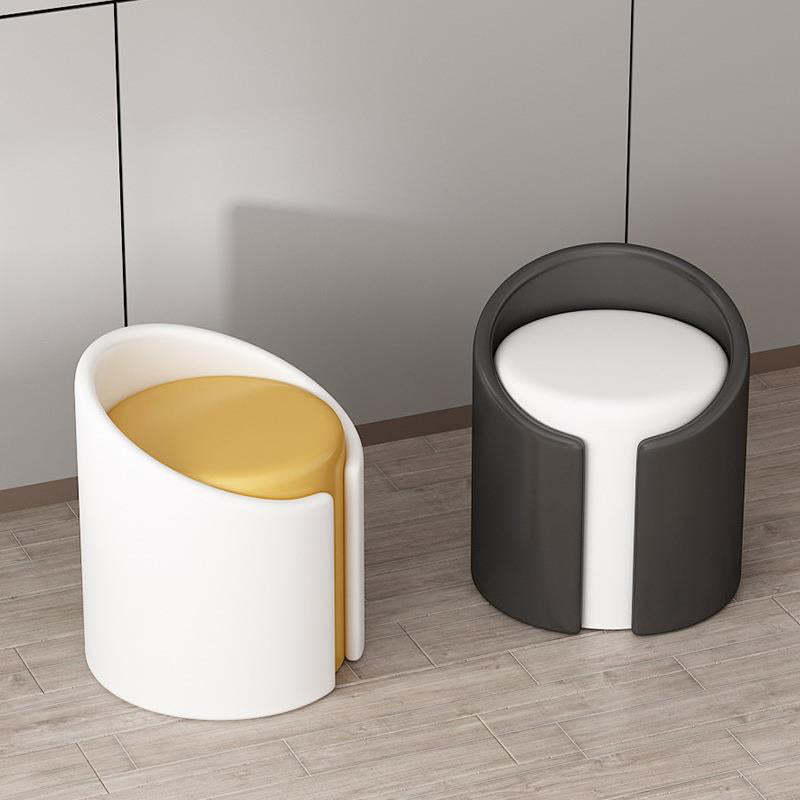 Minimalist Leather Wood Cylinder Vanity Stool — Outside Blue & Inside White