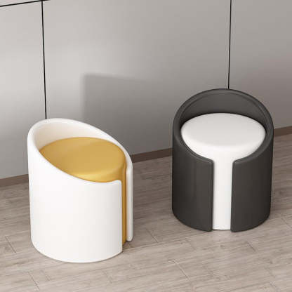Minimalist Leather Wood Cylinder Vanity Stool — Outside Blue & Inside White